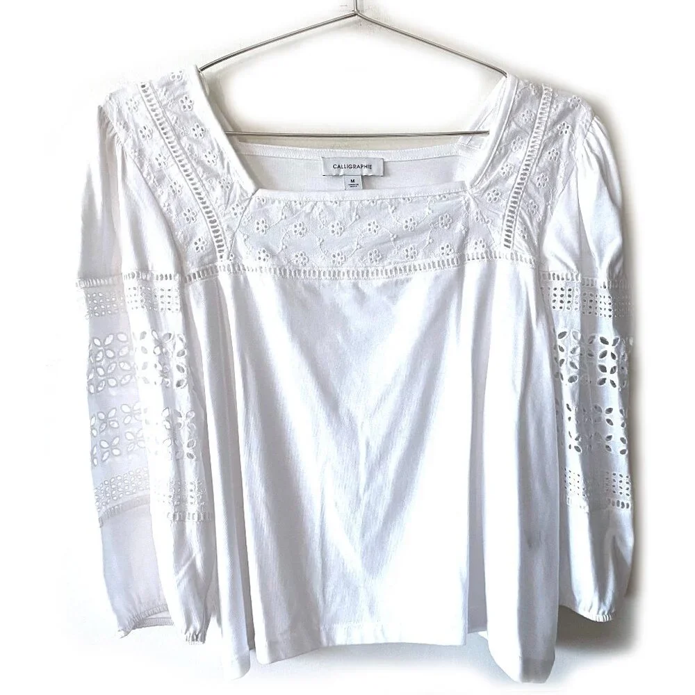 NWOT Calligraphie Women's Mixed Media Square-Neck Cropped Top, White, M